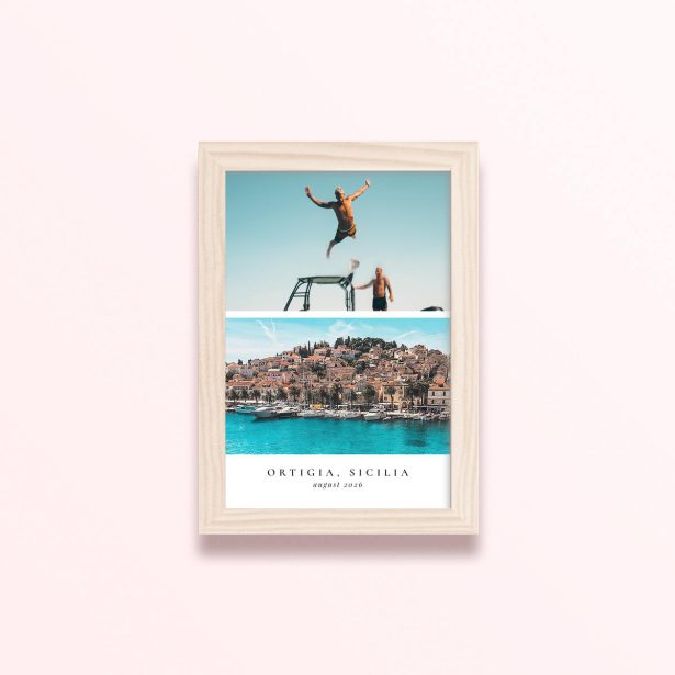 Simple framed print designs with two photos of a coastal town and people on a boat.