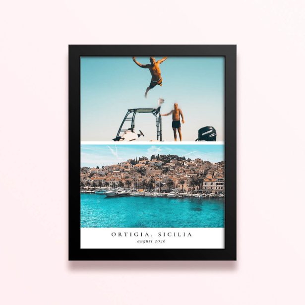 Simple framed print designs with two photos of a coastal town and people on a boat.