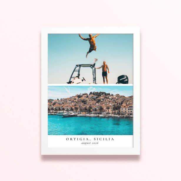 Simple framed print designs with two photos of a coastal town and people on a boat.