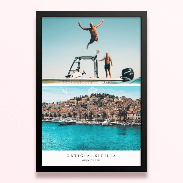 Simple framed print designs with two photos of a coastal town and people on a boat.