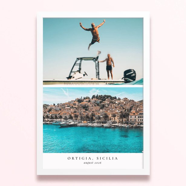 Simple framed print designs with two photos of a coastal town and people on a boat.