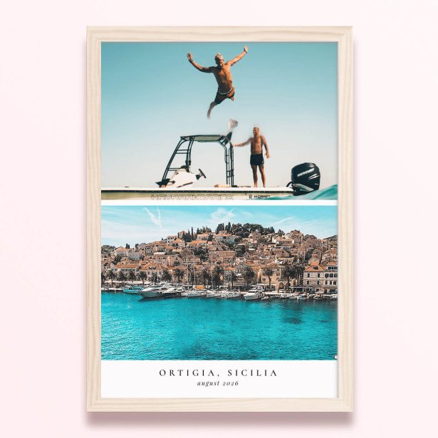 Simple framed print designs with two photos of a coastal town and people on a boat.