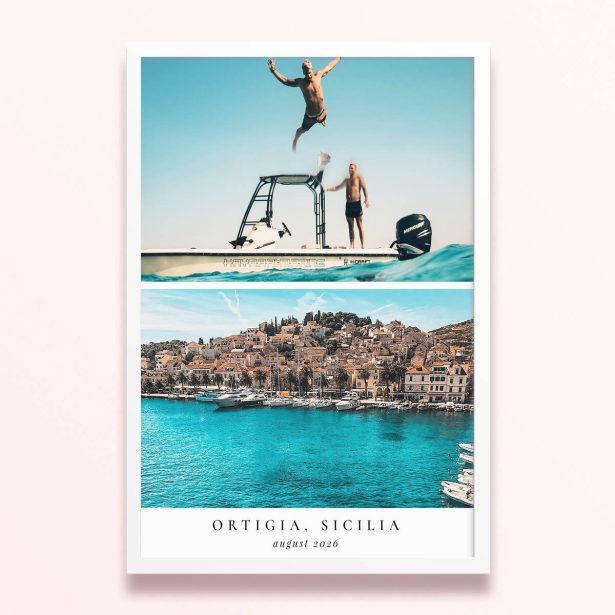 Simple framed print designs with two photos of a coastal town and people on a boat.