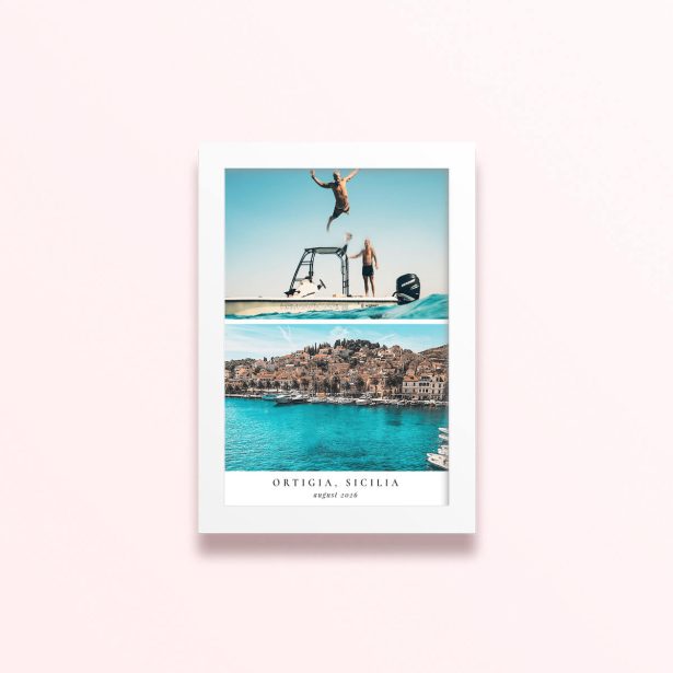 Simple framed print designs with two photos of a coastal town and people on a boat.