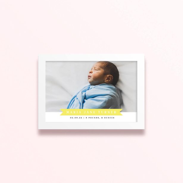 Simple framed prints designs featuring a baby photo with birth details