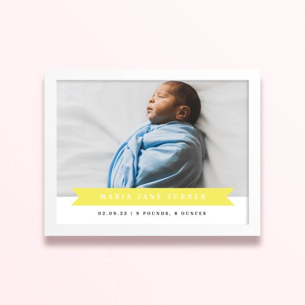 Simple framed prints designs featuring a baby photo with birth details