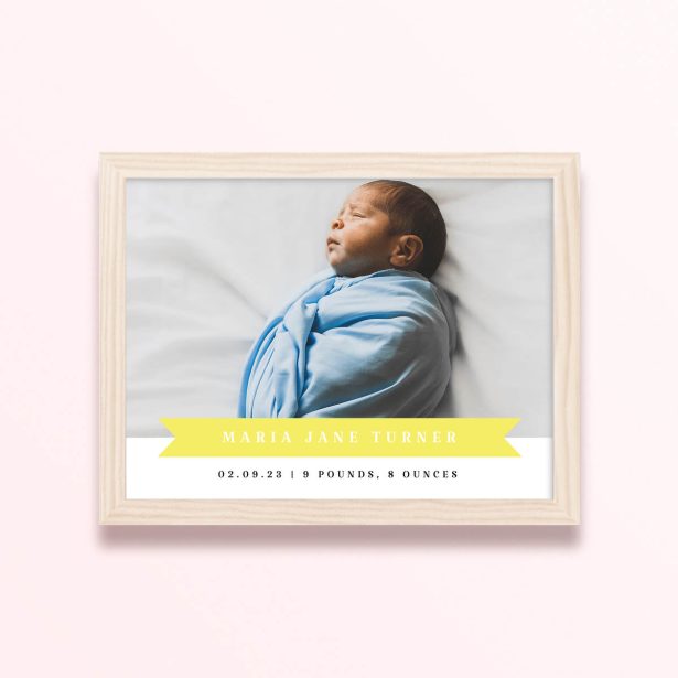 Simple framed prints designs featuring a baby photo with birth details