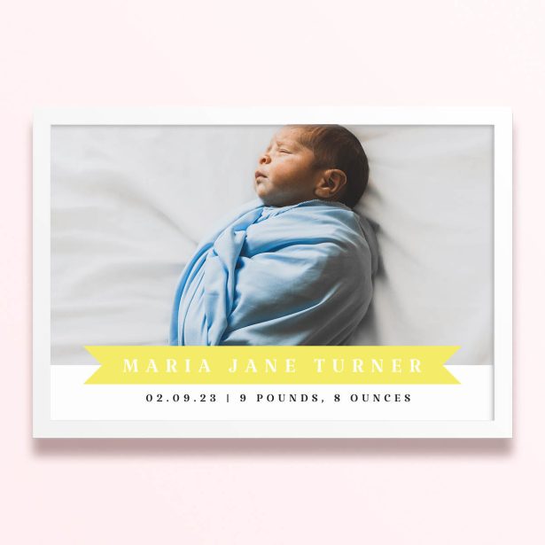 Simple framed prints designs featuring a baby photo with birth details