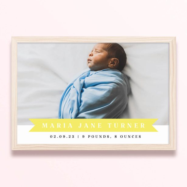 Simple framed prints designs featuring a baby photo with birth details