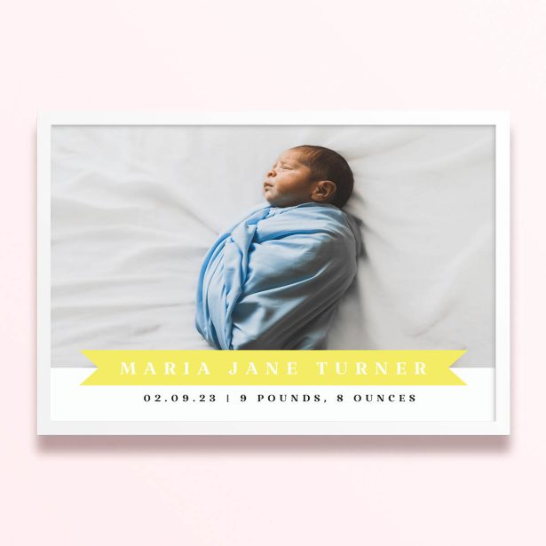 Simple framed prints designs featuring a baby photo with birth details