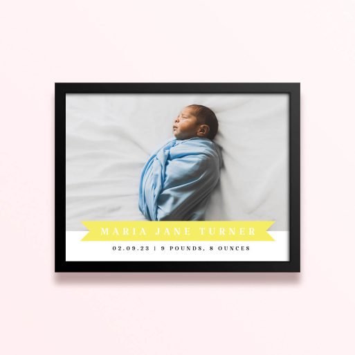 Simple framed prints designs featuring a baby photo with birth details