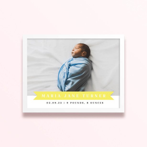 Simple framed prints designs featuring a baby photo with birth details