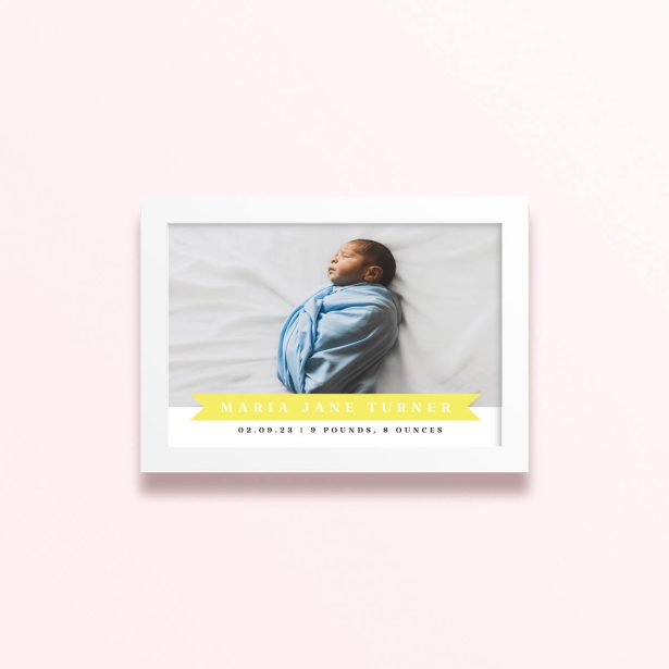 Simple framed prints designs featuring a baby photo with birth details