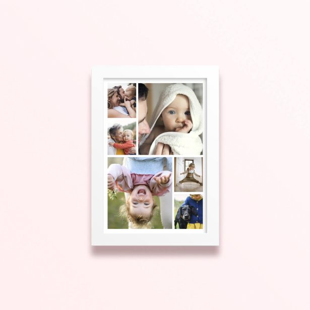 Simple framed prints designs featuring six photos of children and families.