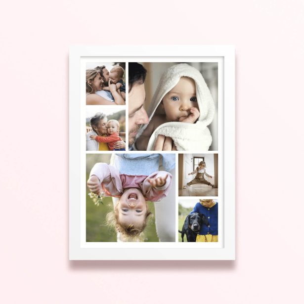 Simple framed prints designs featuring six photos of children and families.