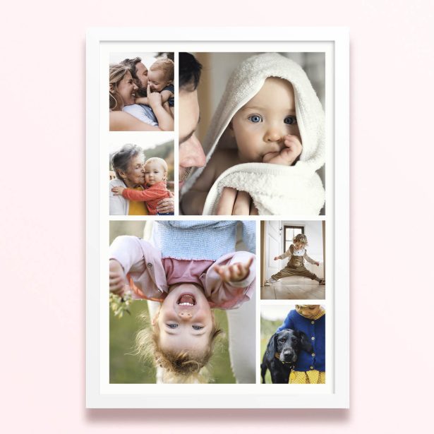 Simple framed prints designs featuring six photos of children and families.
