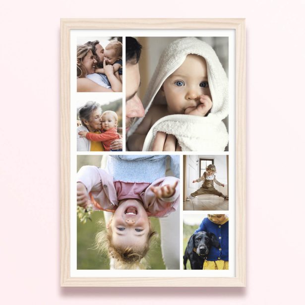 Simple framed prints designs featuring six photos of children and families.