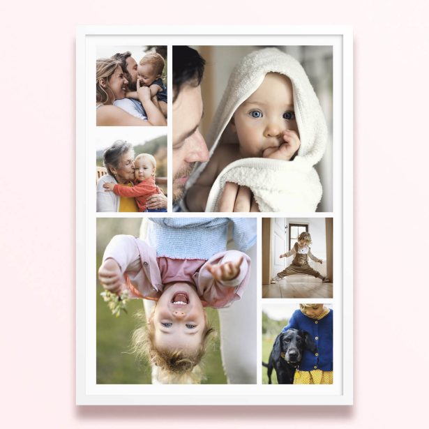 Simple framed prints designs featuring six photos of children and families.