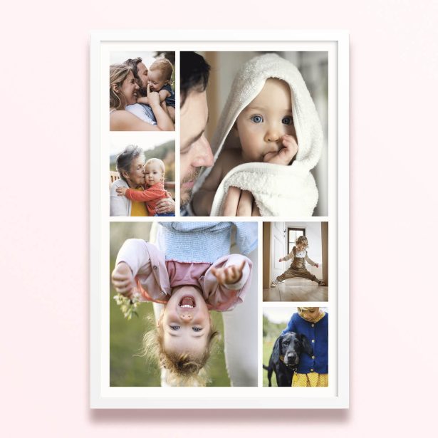Simple framed prints designs featuring six photos of children and families.