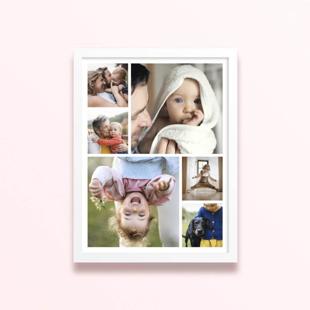 Simple framed prints designs featuring six photos of children and families.