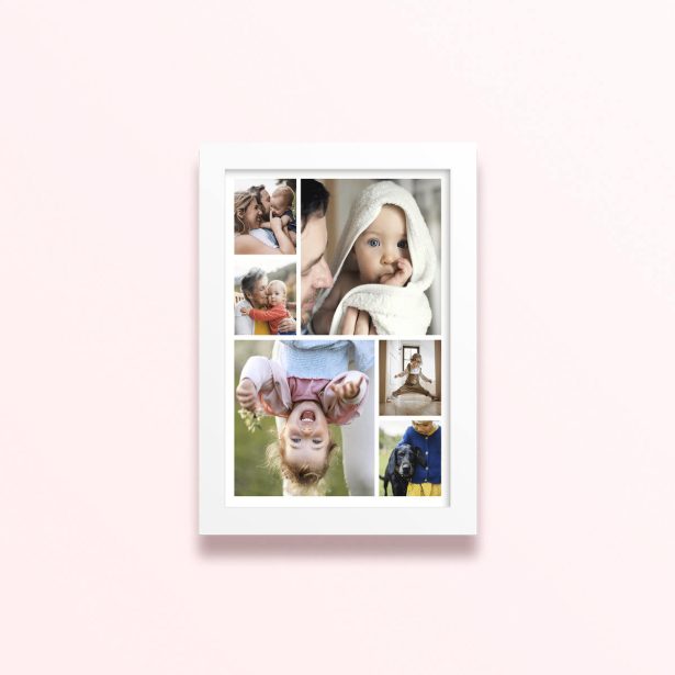 Simple framed prints designs featuring six photos of children and families.