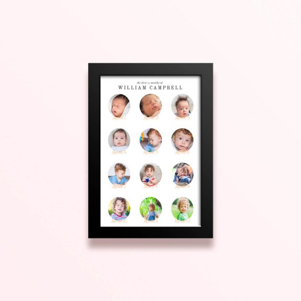Simple framed prints designs featuring 12 photos documenting baby’s first year