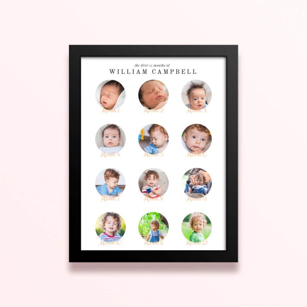 Simple framed prints designs featuring 12 photos documenting baby’s first year