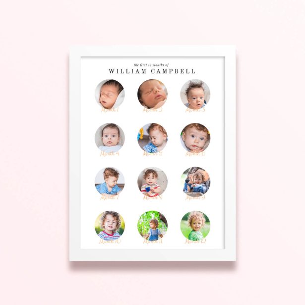 Simple framed prints designs featuring 12 photos documenting baby’s first year