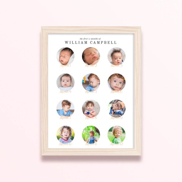 Simple framed prints designs featuring 12 photos documenting baby’s first year