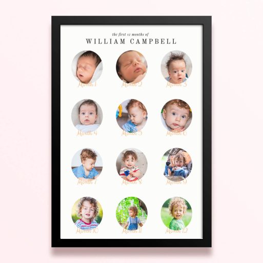Simple framed prints designs featuring 12 photos documenting baby’s first year