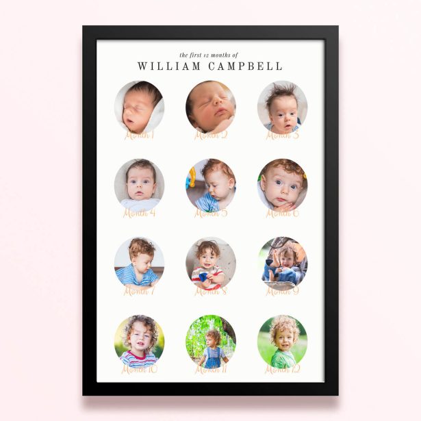 Simple framed prints designs featuring 12 photos documenting baby’s first year