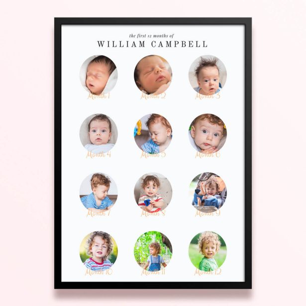 Simple framed prints designs featuring 12 photos documenting baby’s first year