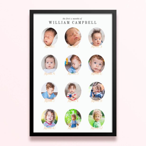 Simple framed prints designs featuring 12 photos documenting baby’s first year