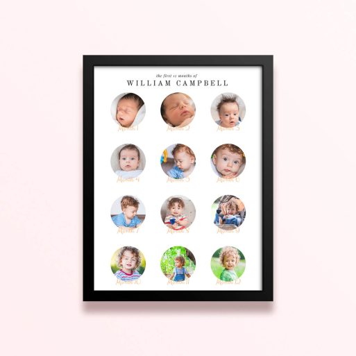 Simple framed prints designs featuring 12 photos documenting baby’s first year