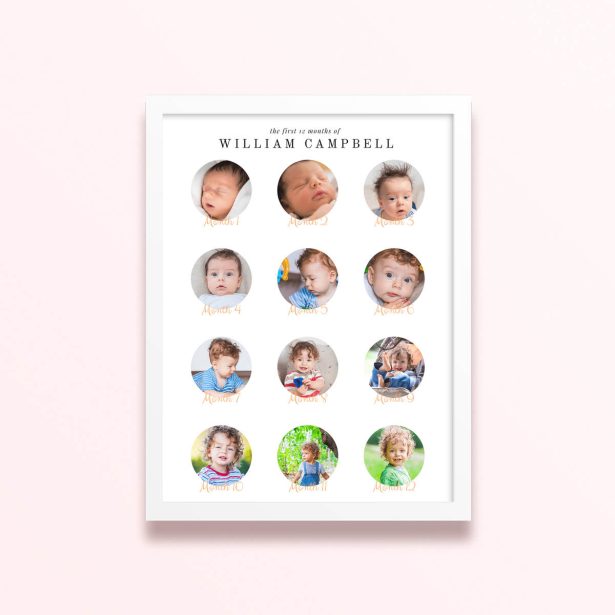 Simple framed prints designs featuring 12 photos documenting baby’s first year