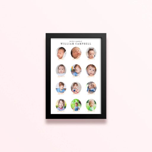 Simple framed prints designs featuring 12 photos documenting baby’s first year