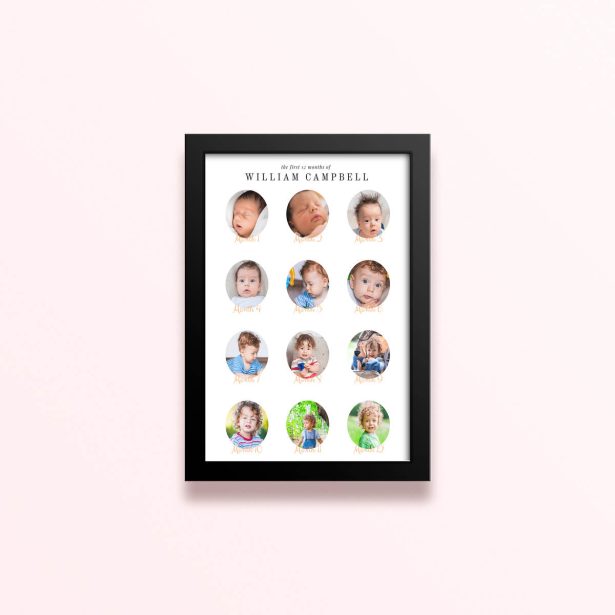 Simple framed prints designs featuring 12 photos documenting baby’s first year