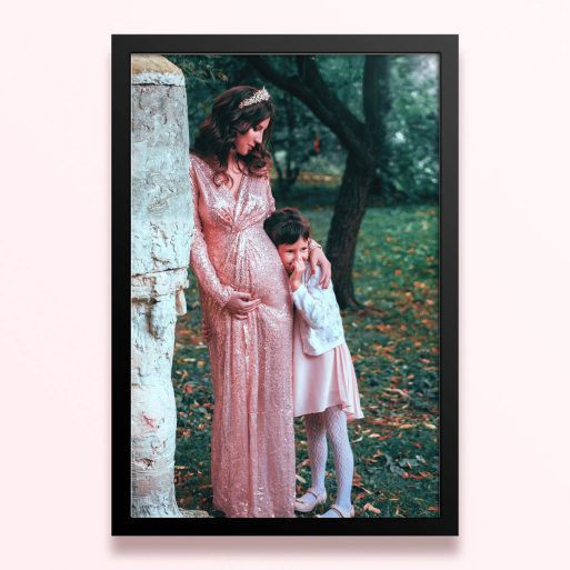 Simple framed prints designs featuring a woman in a long dress with crown and a child in a forest backdrop, one photo.
