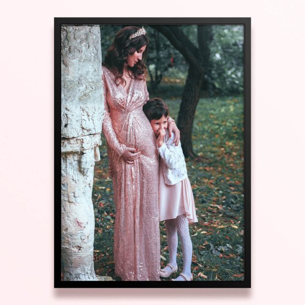 Simple framed prints designs featuring a woman in a long dress with crown and a child in a forest backdrop, one photo.