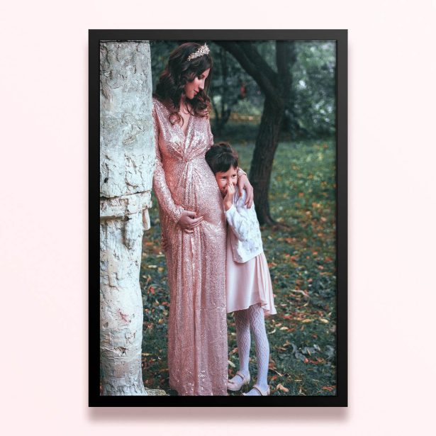 Simple framed prints designs featuring a woman in a long dress with crown and a child in a forest backdrop, one photo.