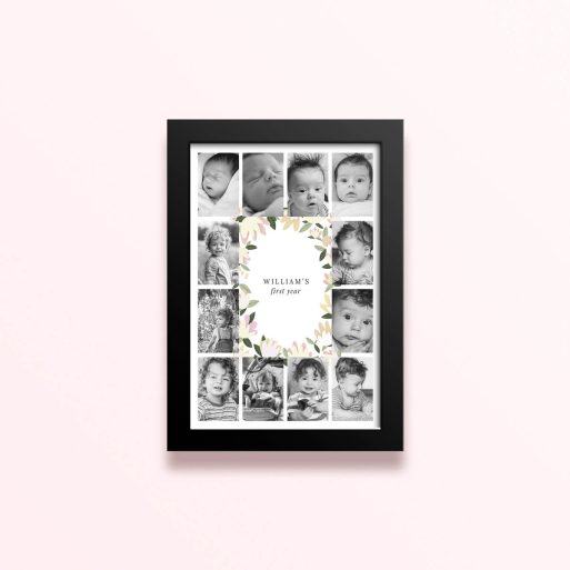 Simple framed prints designs for baby's first year with floral border and twelve photos.