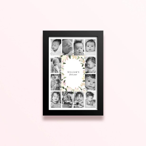Simple framed prints designs for baby's first year with floral border and twelve photos.