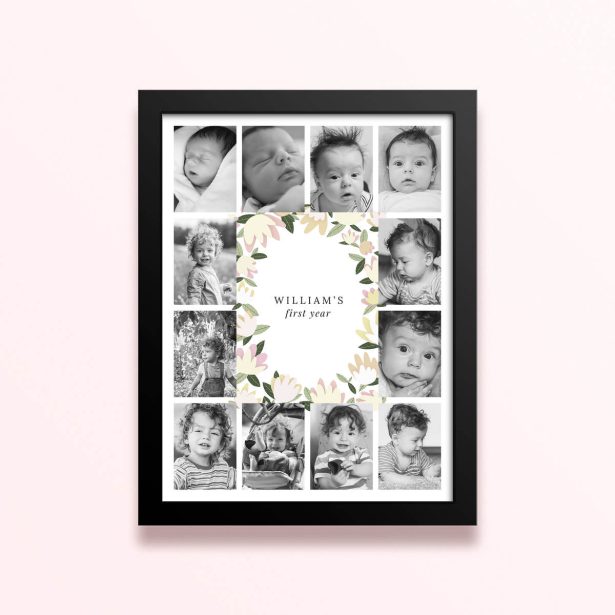 Simple framed prints designs for baby's first year with floral border and twelve photos.