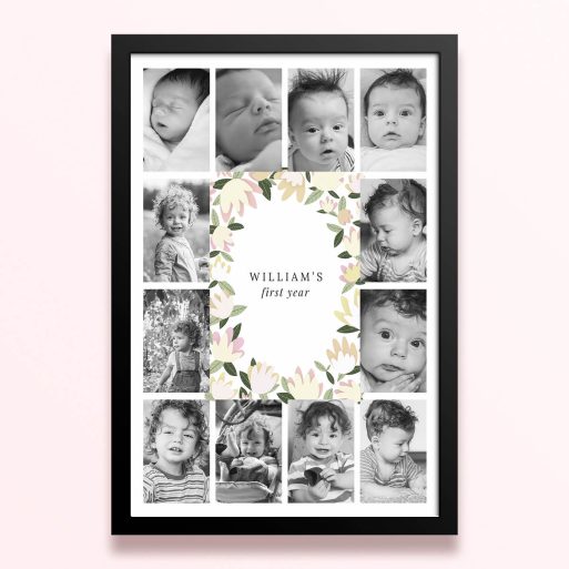 Simple framed prints designs for baby's first year with floral border and twelve photos.