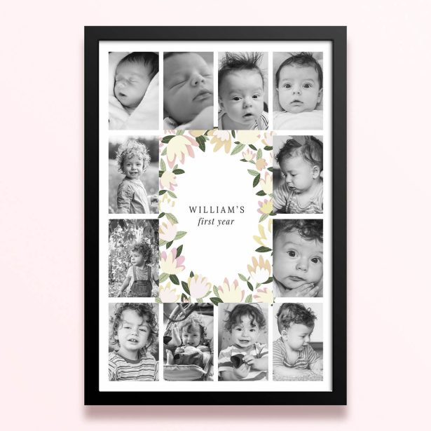 Simple framed prints designs for baby's first year with floral border and twelve photos.