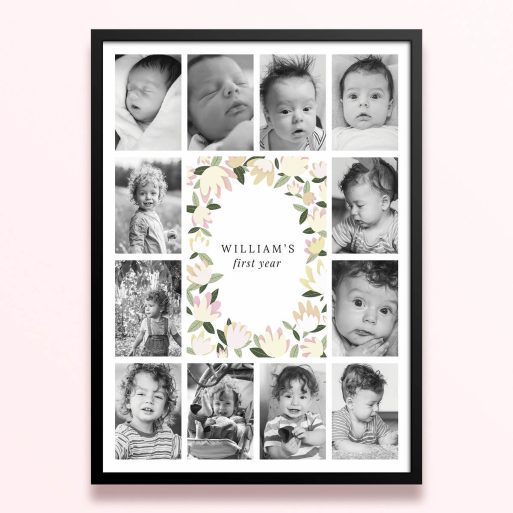 Simple framed prints designs for baby's first year with floral border and twelve photos.