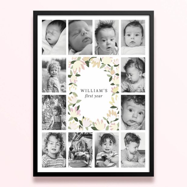 Simple framed prints designs for baby's first year with floral border and twelve photos.