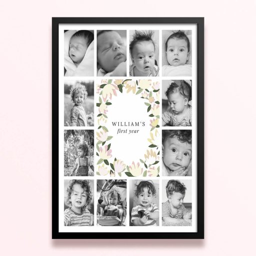 Simple framed prints designs for baby's first year with floral border and twelve photos.