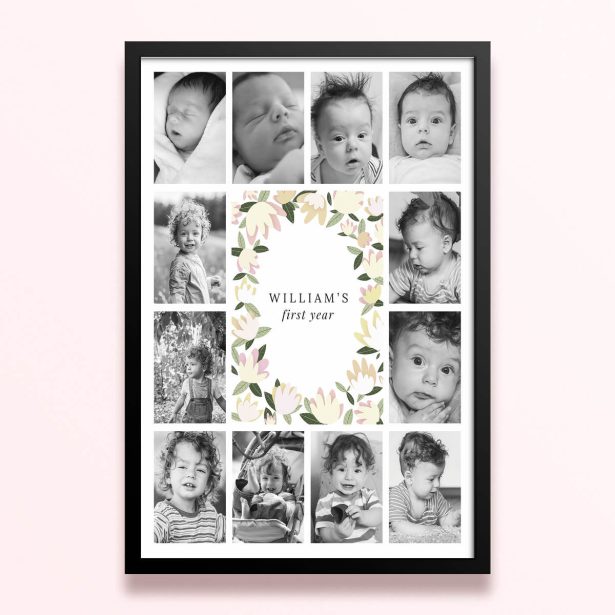 Simple framed prints designs for baby's first year with floral border and twelve photos.