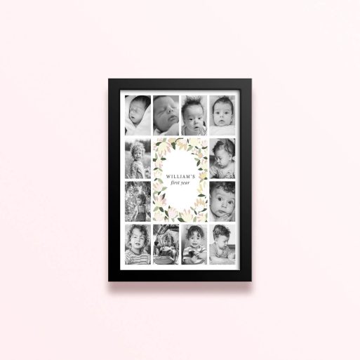 Simple framed prints designs for baby's first year with floral border and twelve photos.